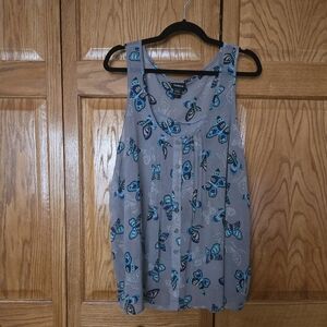 Torrid Sheer Gray Sleeveless Top with Blue Butterfly Print Like New